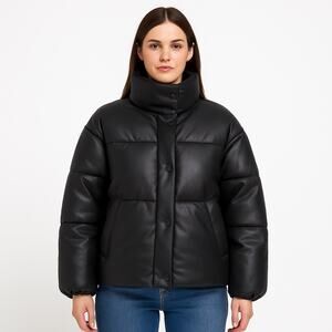 2010s NVLT Black Faux Leather Puffer Jacket Matte Finish Snap Closing Large